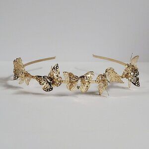 Gold Metal Headband with 3D Butterflies with Clear Rhinestones